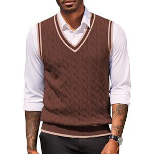 Coofandy Men Brown Fitted V Neck Sleeveless Knitted Pullovers Sweater Vest